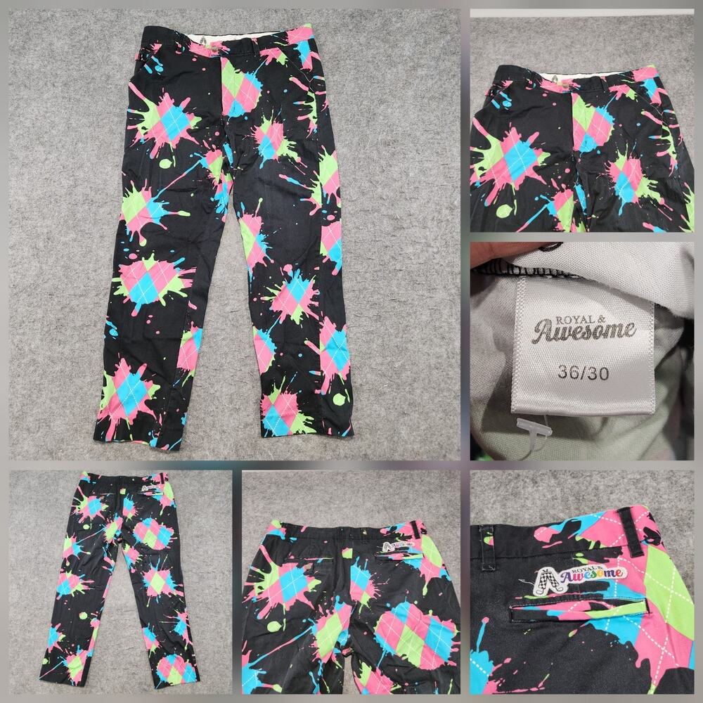 Royal‎ & Awesome Golf Pants Mens Size 36×30 Black Paint Splatter Argyle